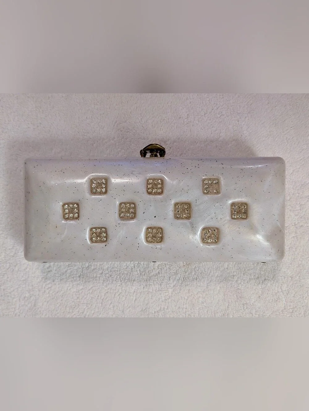 Vintage MCM Lucite Clutch Purse Pearl White Confetti Hard Shell Rhinestone Bling